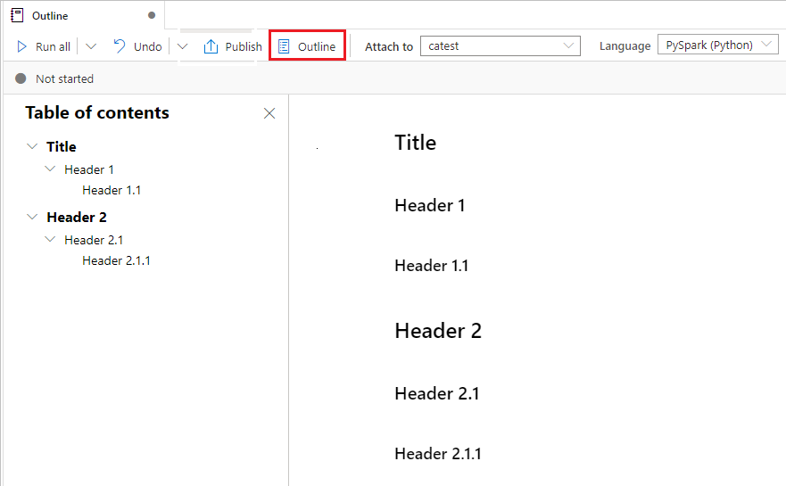 Synapse Notebook의 개요 사이드바 스크린샷.