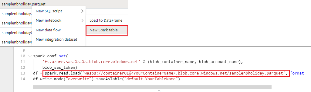 Azure Synapse Analytics에서 파일 데이터에 액세스하기 위해 새 Spark 테이블을 여는 모습을 보여 주는 스크린샷.