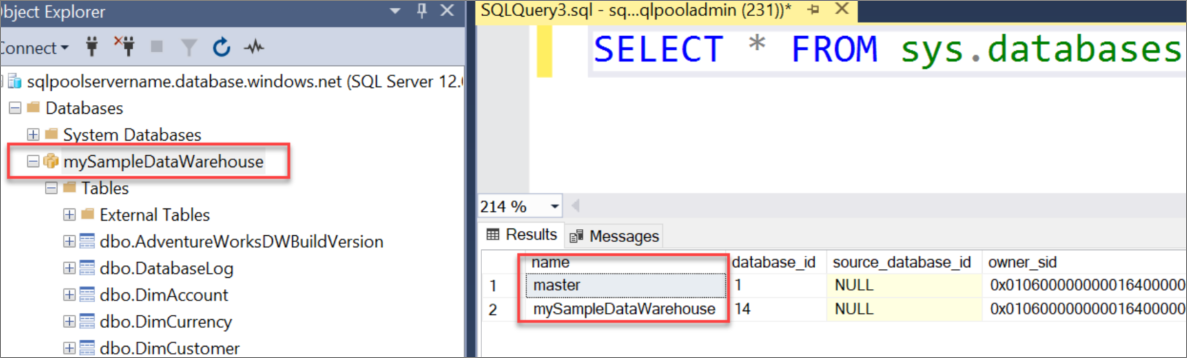 SSMS(SQL Server Management Studio)에서 master와 mySampleDataWarehouse 데이터베이스를 조회한 결과를 보여주는 스크린샷입니다.