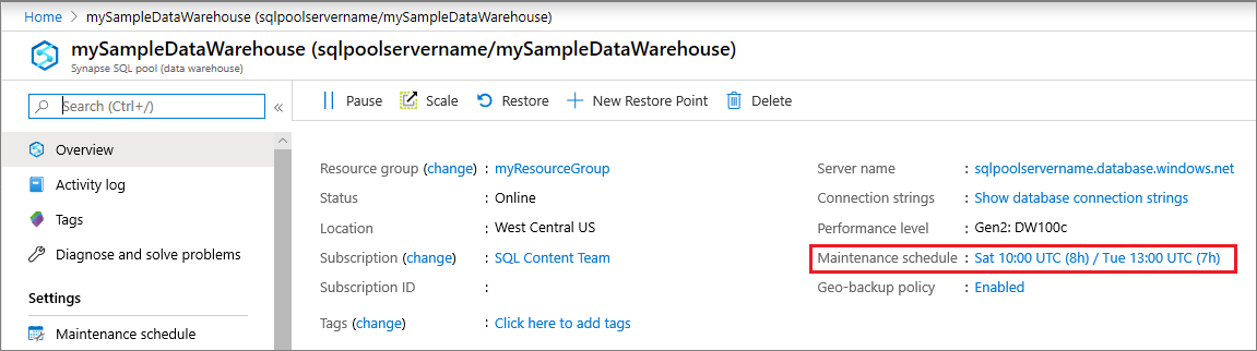 유지 관리 일정을 보여 주는 개요 창의 스크린샷.