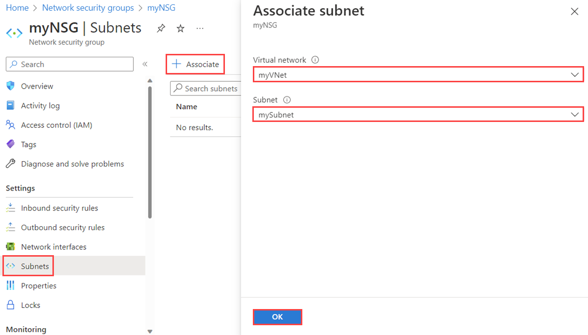 Azure Portal의 서브넷에 네트워크 보안 그룹을 연결한 스크린샷