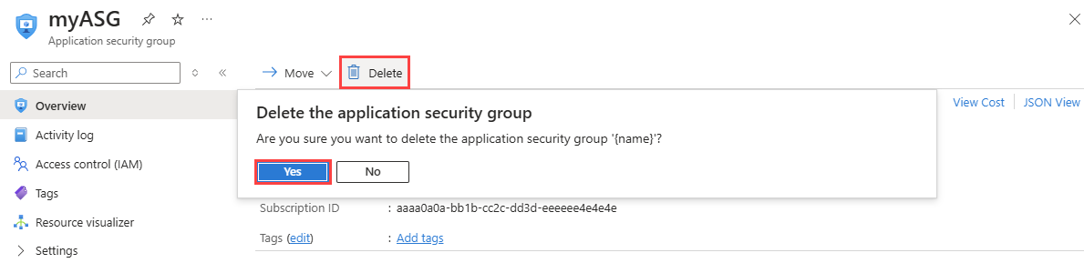 Azure Portal에서 애플리케이션 보안 그룹을 삭제하는 스크린샷