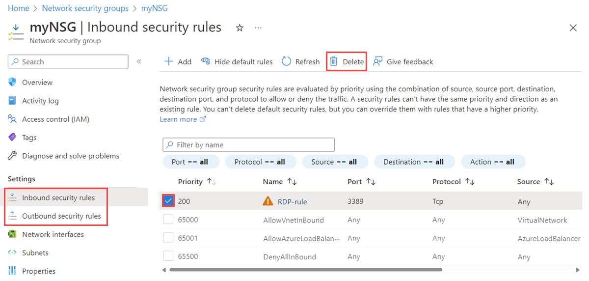 Azure Portal에서 네트워크 보안 그룹의 인바운드 보안 규칙을 삭제하는 스크린샷