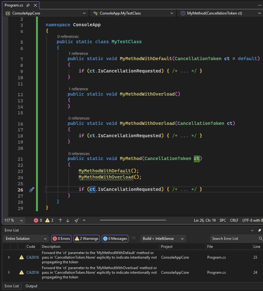 규칙 CA2016 - 인수 하나를 사용하는 메서드에 CancellationToken 매개 변수를 전달하세요.