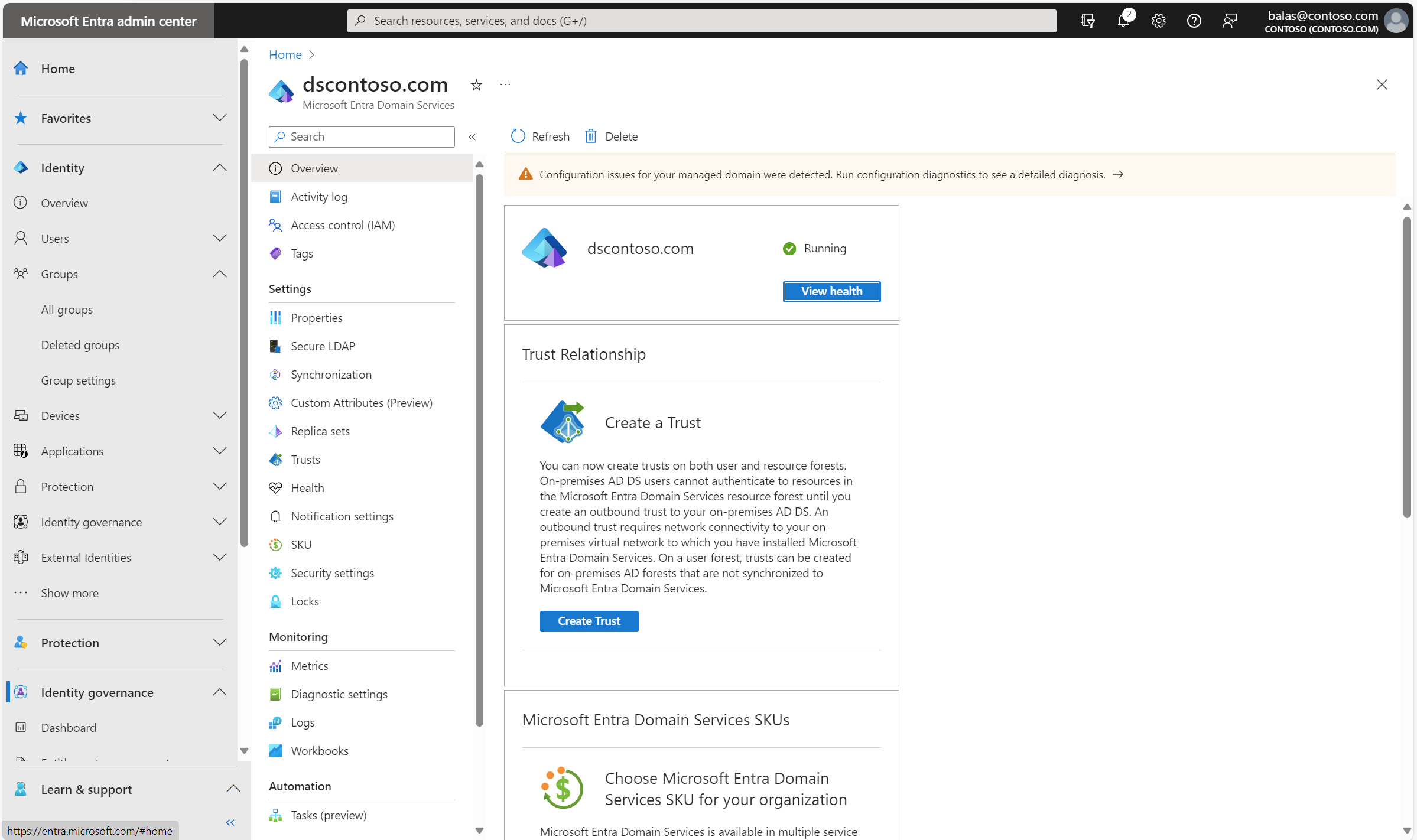 관리되는 도메인에 대한 개요 페이지의 스크린샷