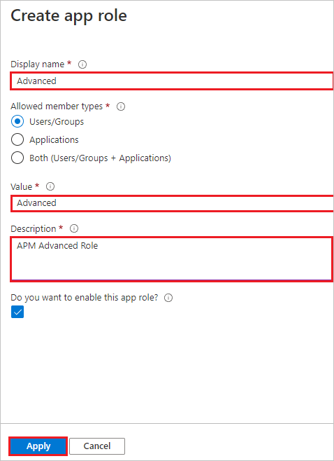 설명된 대로 필드가 채워진 앱 역할 만들기 대화 상자의 스크린샷