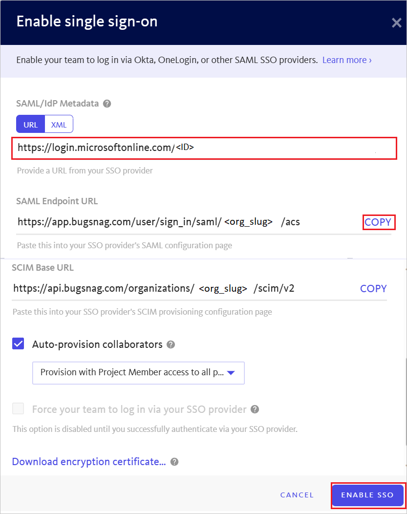 SSO 설정 페이지의 스크린샷.