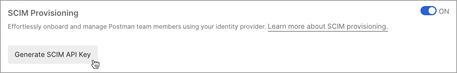 Postman에서 SCIM API 키를 생성하는 스크린샷