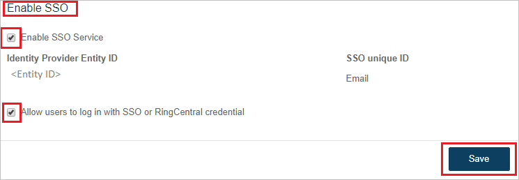 스크린샷은 구성을 완료할 수 있는 SS O 사용 섹션을 보여줍니다.