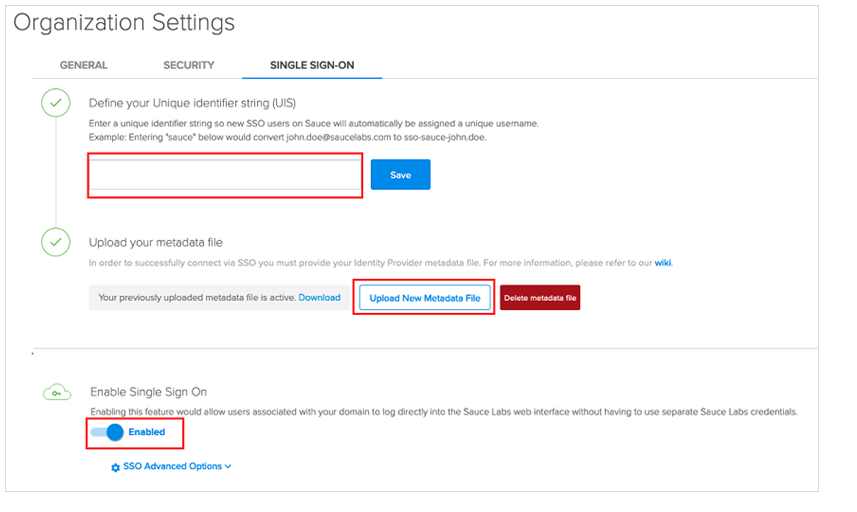 단일 Sign-On 탭에서 옵션을 선택하는 방법을 보여 주는 스크린샷