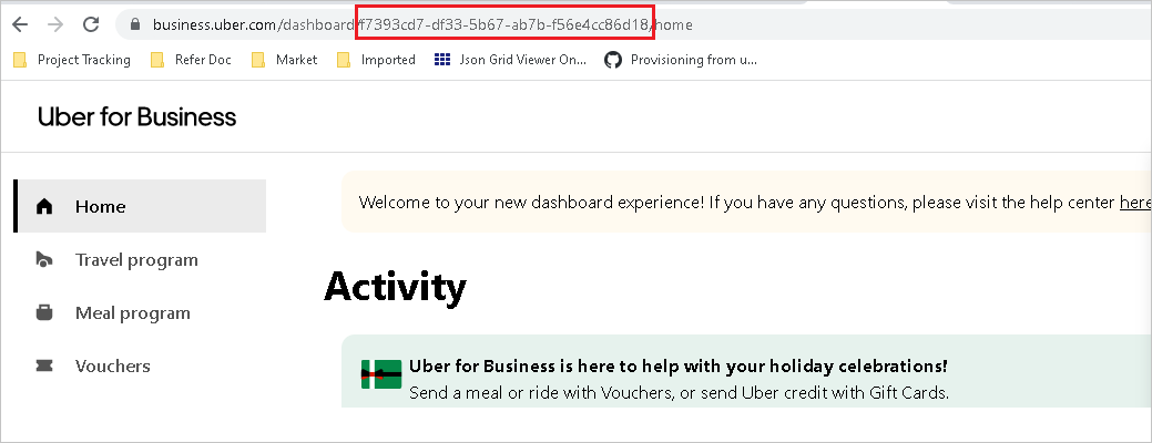 Grab 조직 ID의 스크린샷.