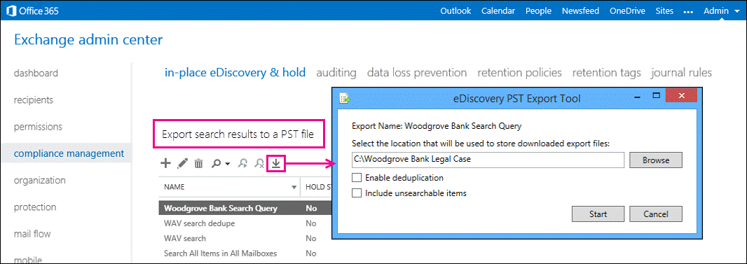 eDiscovery 검색 결과를 PST 파일로 내보냅니다.