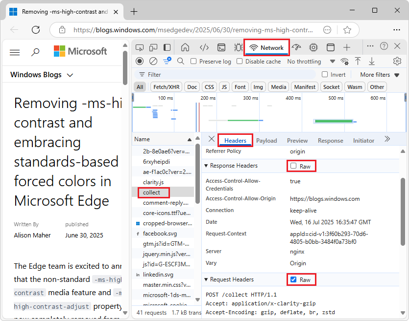Headers tab > View source