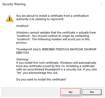 Screenshot shows Security Warning with the Yes option highlighted in red.