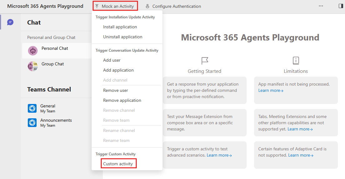 Screenshot shows the list of option under mock an activity.