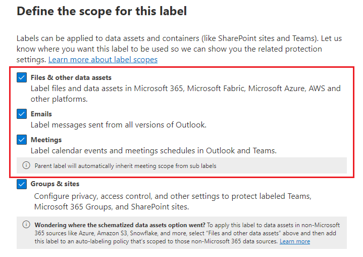 민감도 레이블 scope Files, 전자 메일 및 모임을 포함하는 항목에 대한 옵션입니다.