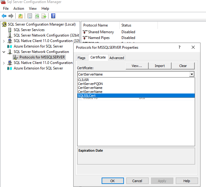 SQL Server 구성 관리자의 속성 대화 상자 인증서 탭 스크린샷