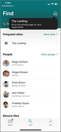 SharePoint 홈 사이트를 보는 SharePoint 앱의 스크린샷.