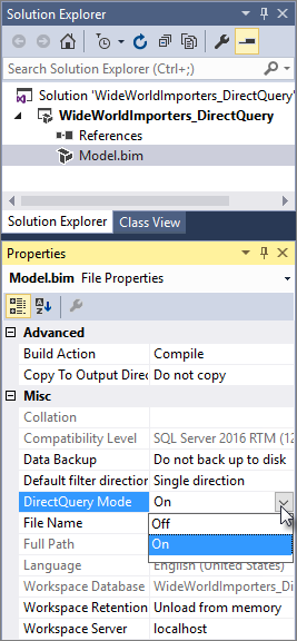 Visual Studio에서 DirectQuery 모드를 사용하도록 설정