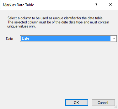 날짜 옵션이 강조 표시된 MArk as Date Table 대화 상자의 스크린샷