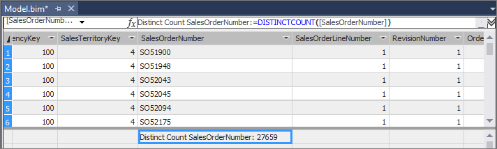 Distinct Count Sales Order Number: 27659가 호출된 모델 디자이너의 스크린샷