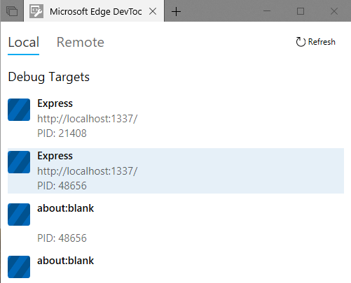 Local Debug Targets chooser in the Microsoft Edge DevTools app