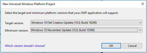 Visual Studio selection dialog for UWP project target builds