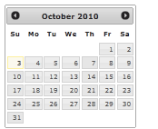 부드러움 테마를 사용하여 스타일이 지정된 2010년 10월 달력 페이지를 보여 주는 스크린샷