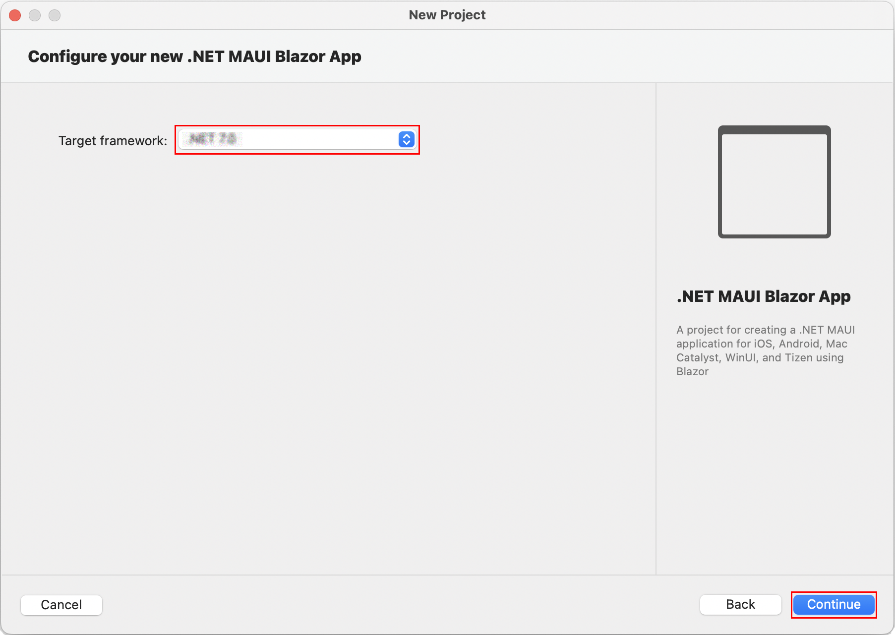 .NET 7.0 대상 프레임워크가 선택된 새 .NET MAUIBlazor 앱 대화 상자를 구성합니다.