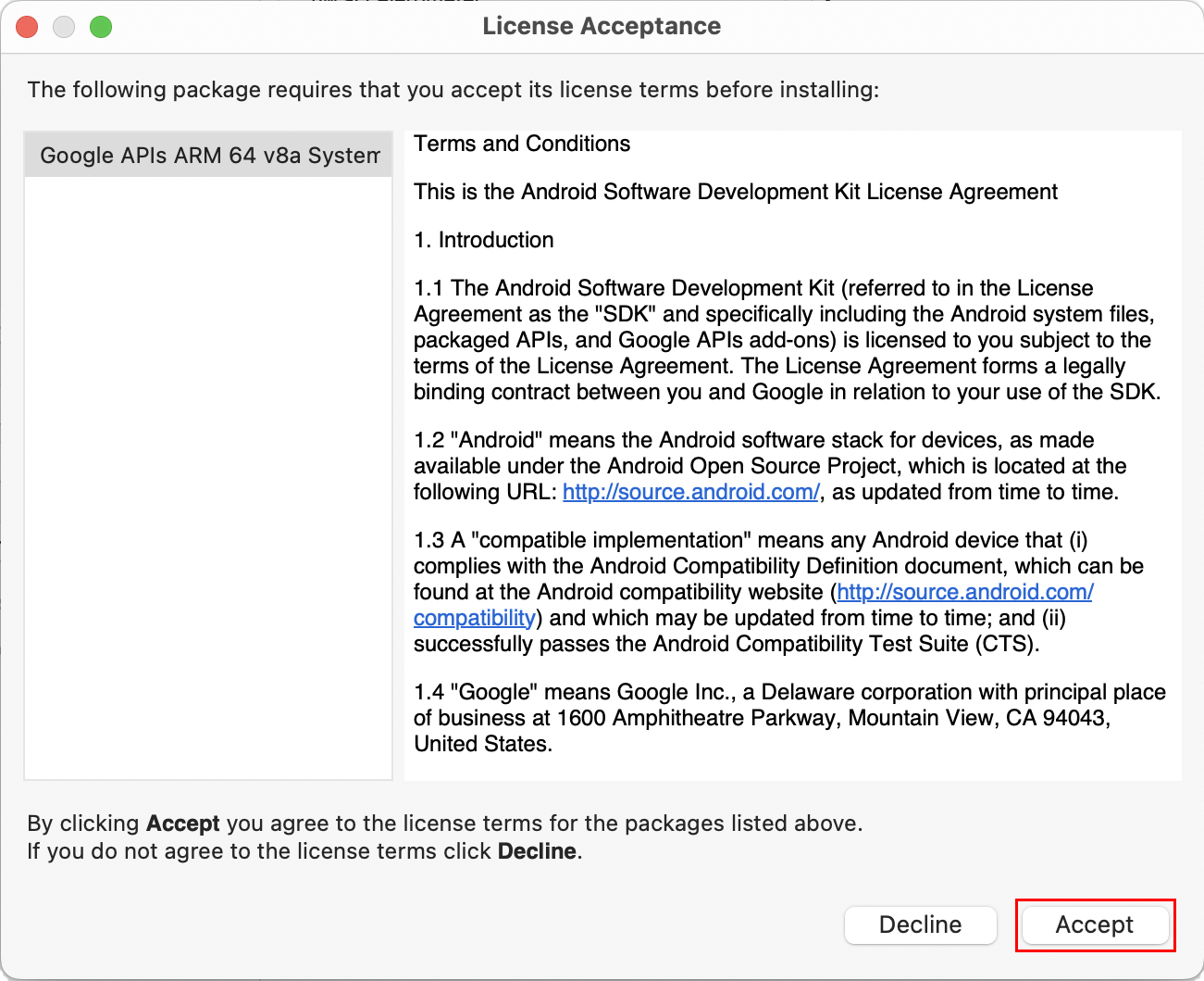 Android 소프트웨어 개발 키트 사용에 대한 사용 약관을 설명하는 라이선스 승인 대화 상자.