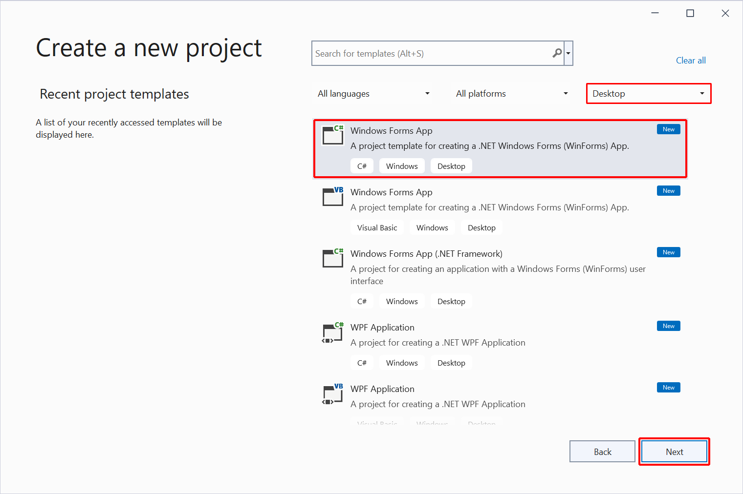 Visual Studio에서 새 프로젝트를 만듭니다.