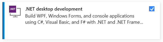 Visual Studio 설치 관리자 .NET 데스크톱 개발 워크로드 선택.