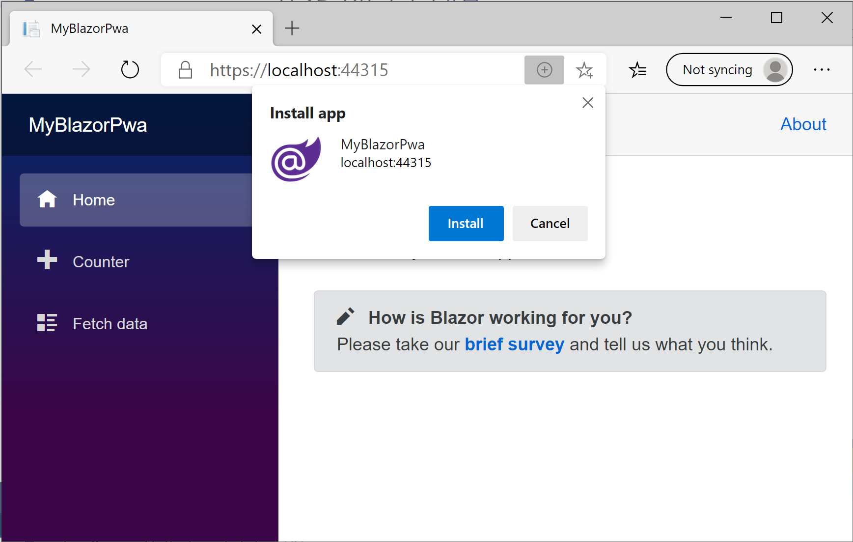 Google Chrome의 확인 대화 상자는 '내BlazorPwa' 앱에 대한 설치 단추를 사용자에게 표시합니다.