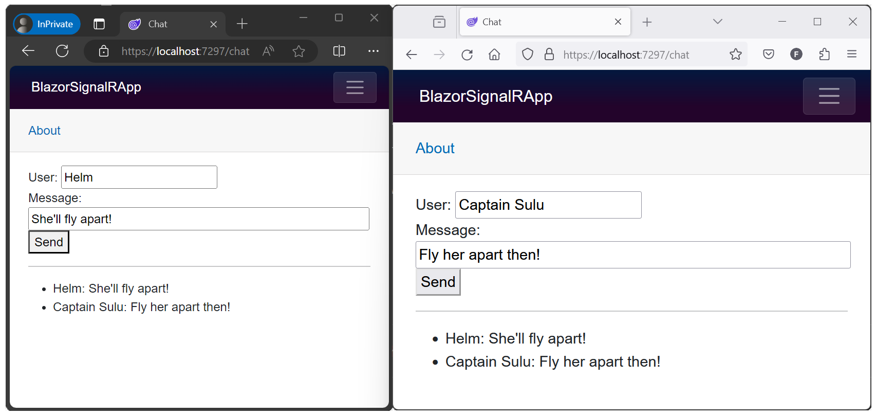 SignalRBlazor 샘플 앱은 교환된 메시지를 표시하는 두 개의 브라우저 창에서 열립니다.
