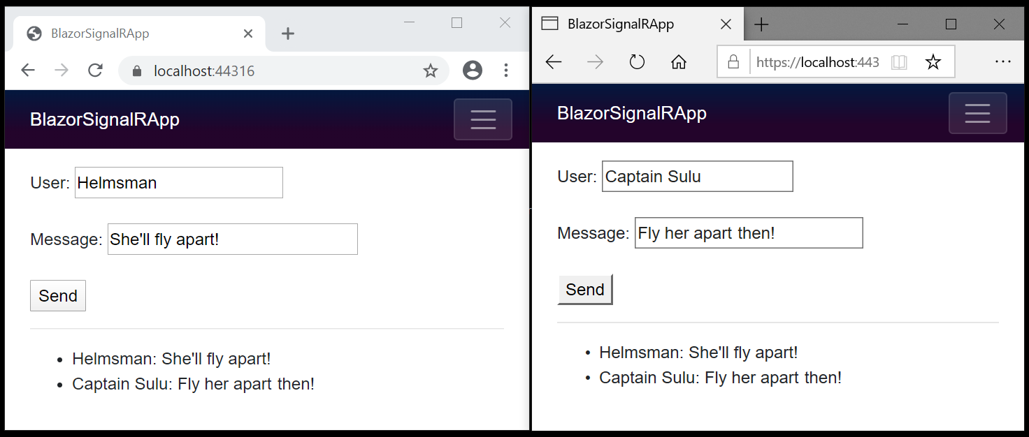 SignalRBlazor 샘플 앱은 교환된 메시지를 표시하는 두 개의 브라우저 창에서 열립니다.