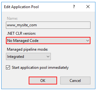 .NET CLR 버전에 대해 관리 코드 없음 설정