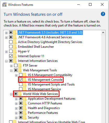 Windows 기능에서 선택된 IIS 관리 콘솔 및 World Wide Web 서비스