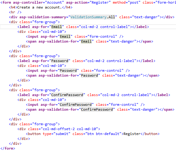 Razor ASP.NET Core 프로젝트 템플릿의 Register Razor 보기 폼 섹션용 태그 도우미로 마크업 작성
