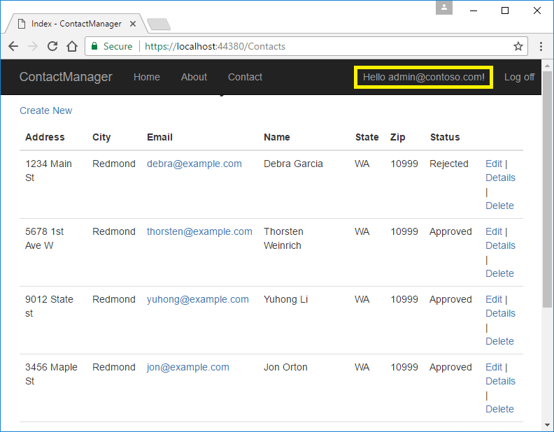 admin@contoso.com이 로그인된 상태를 보여 주는 스크린샷