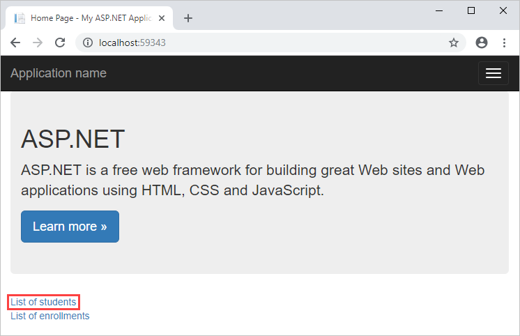 내 ASP 점 NET 홈페이지를 보여 주는 스크린샷. 학생 목록이 빨간색으로 둥글게 표시됩니다.