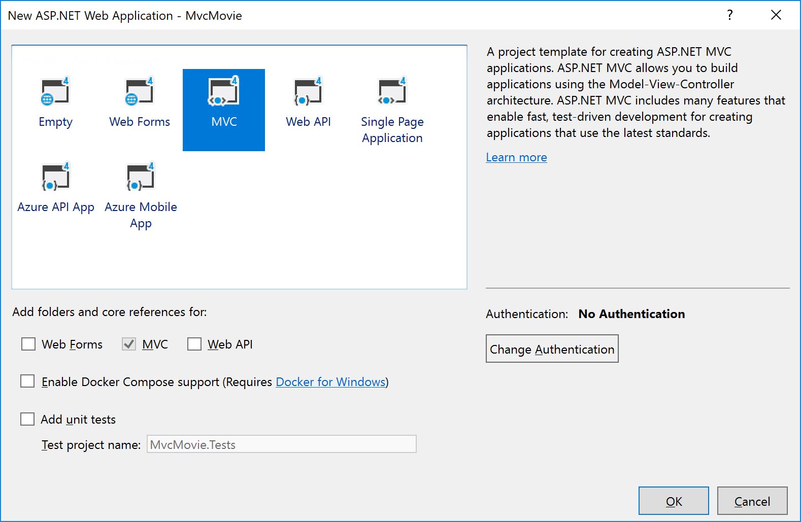 새 ASP 점 NET 웹 애플리케이션 대화 상자를 보여 주는 스크린샷 M V C가 선택되었습니다.