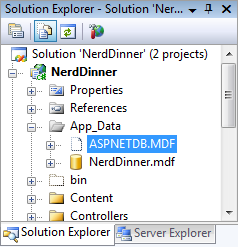 Nerd Dinner 탐색 트리의 스크린샷 앱 데이터가 확장되고 SP NET D B 점 M D F가 선택됩니다.
