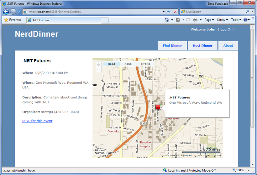 저녁 식사 탐색을 보여 주는 지도가 있는 Nerd Dinner 세부 정보 페이지의 스크린샷