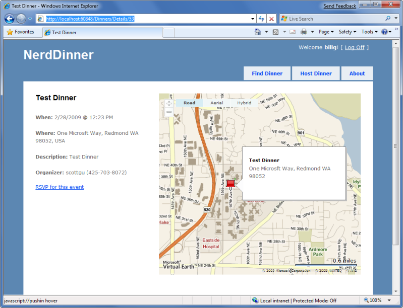 괴상한 저녁 식사 웹 페이지의 스크린샷. 지도가 표시됩니다.