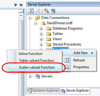 Visual Studio의 서버 Explorer 스크린샷 Nerd Dinner 데이터베이스가 선택되고 함수 하위 노드가 선택됩니다. 스칼라 반환 함수가 강조 표시되어 있습니다.