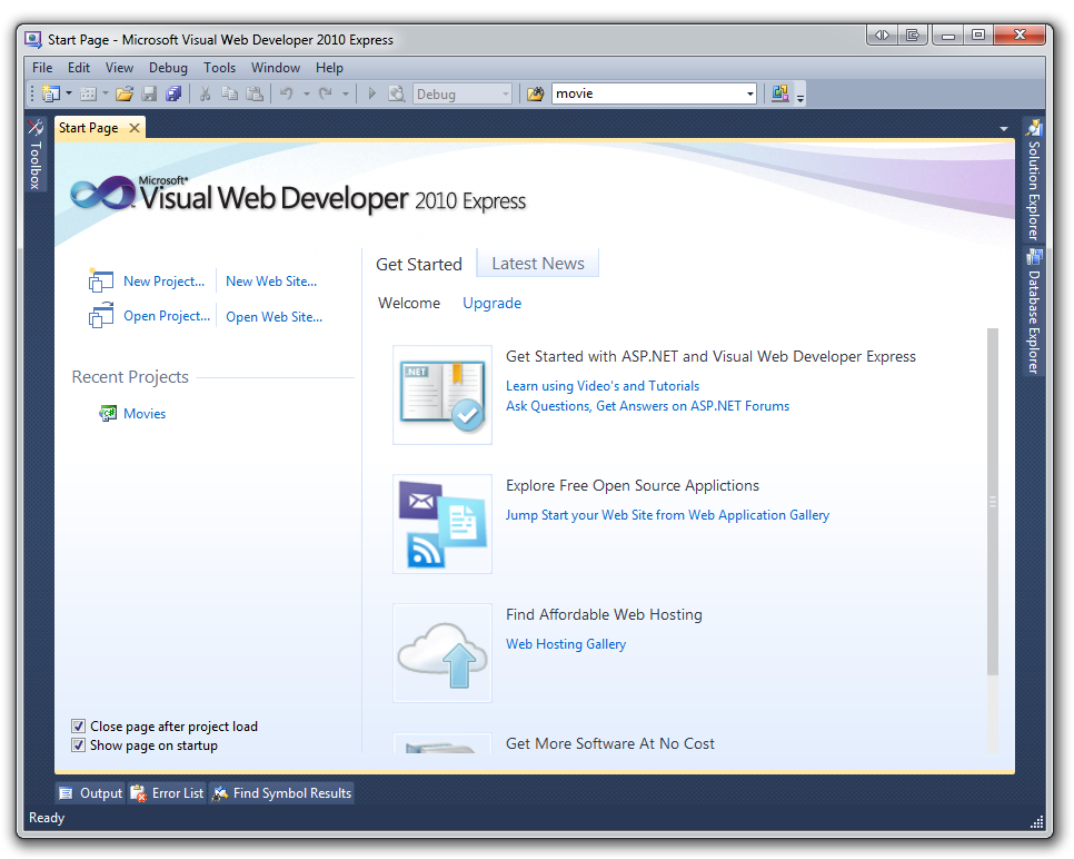 시작할 Visual Web Developer 2010 Express의 스크린샷