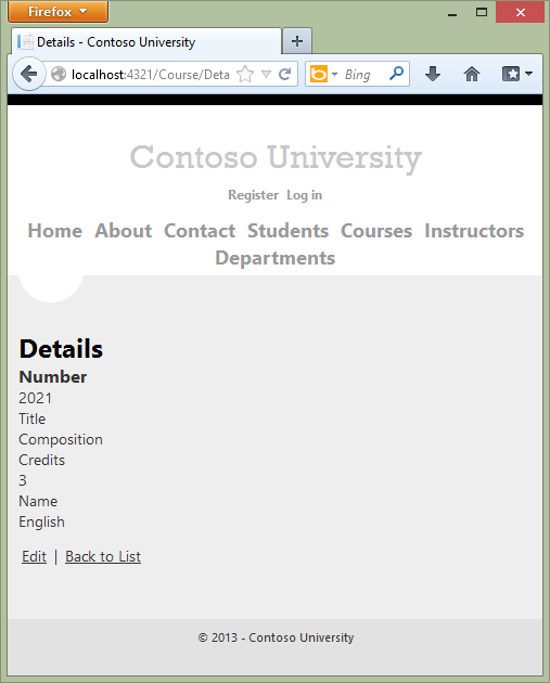 Contoso University 세부 정보 페이지를 보여 주는 스크린샷