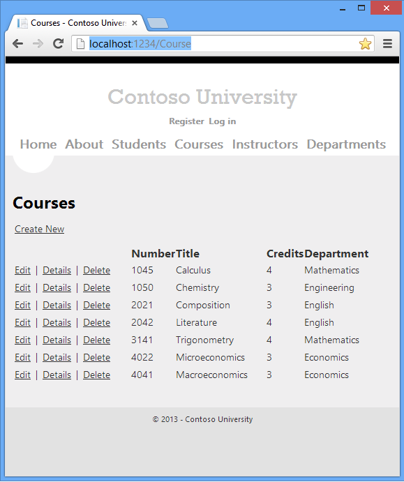 Contoso University 과정 인덱스 페이지를 보여 주는 스크린샷