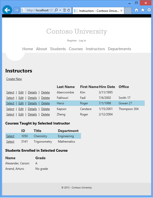 강사와 해당 과정 중 하나가 선택된 Contoso University 강사 인덱스 페이지를 보여 주는 스크린샷