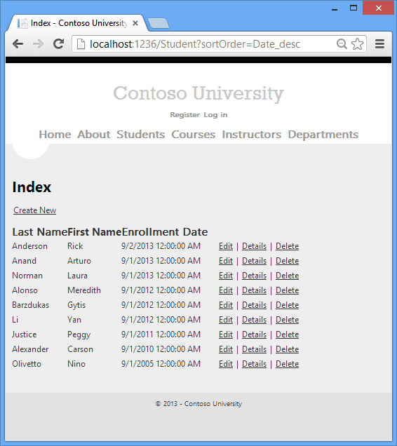 Contoso University Students 인덱스 페이지를 보여 주는 스크린샷 열 머리글은 성, 이름 및 등록 날짜입니다.